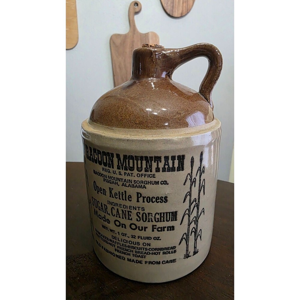 Rare Old USA Pottery Racoon Mountain Sorghum Syrup Brown Advertising 1 Quart Jug